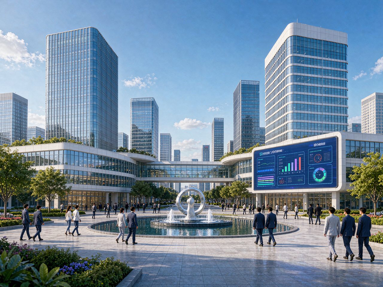 未来之星财税服务场景示意图：城市科技园区与财务数据分析看板
